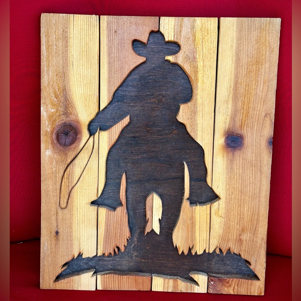 Handcrafted Cowboy on Horse Spurs Lasso Wood on Wood Panel Cutout Rodeo